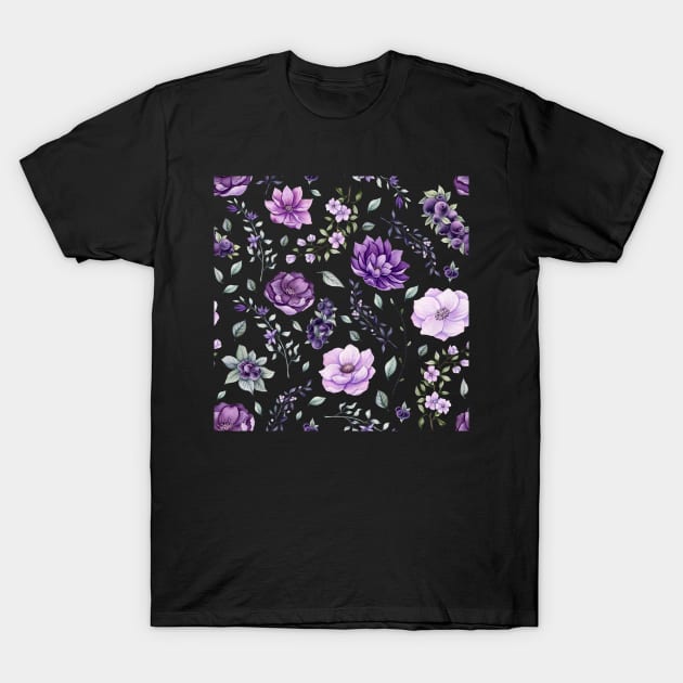 Seamless Pattern of Watercolor Flowers and Berries T-Shirt by Cordata